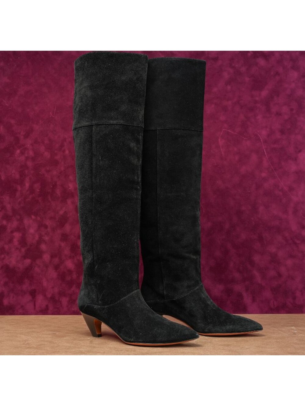 LABUCQ Women Black Suede Kitten OTK Pointy Toe Fashion Boots sz 6-6.5US EUR 37